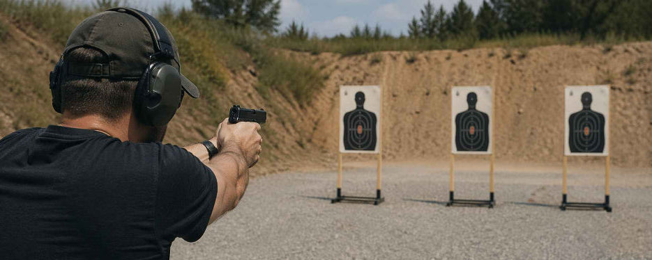 Person at a shooting range aiming a handgun at targets.
