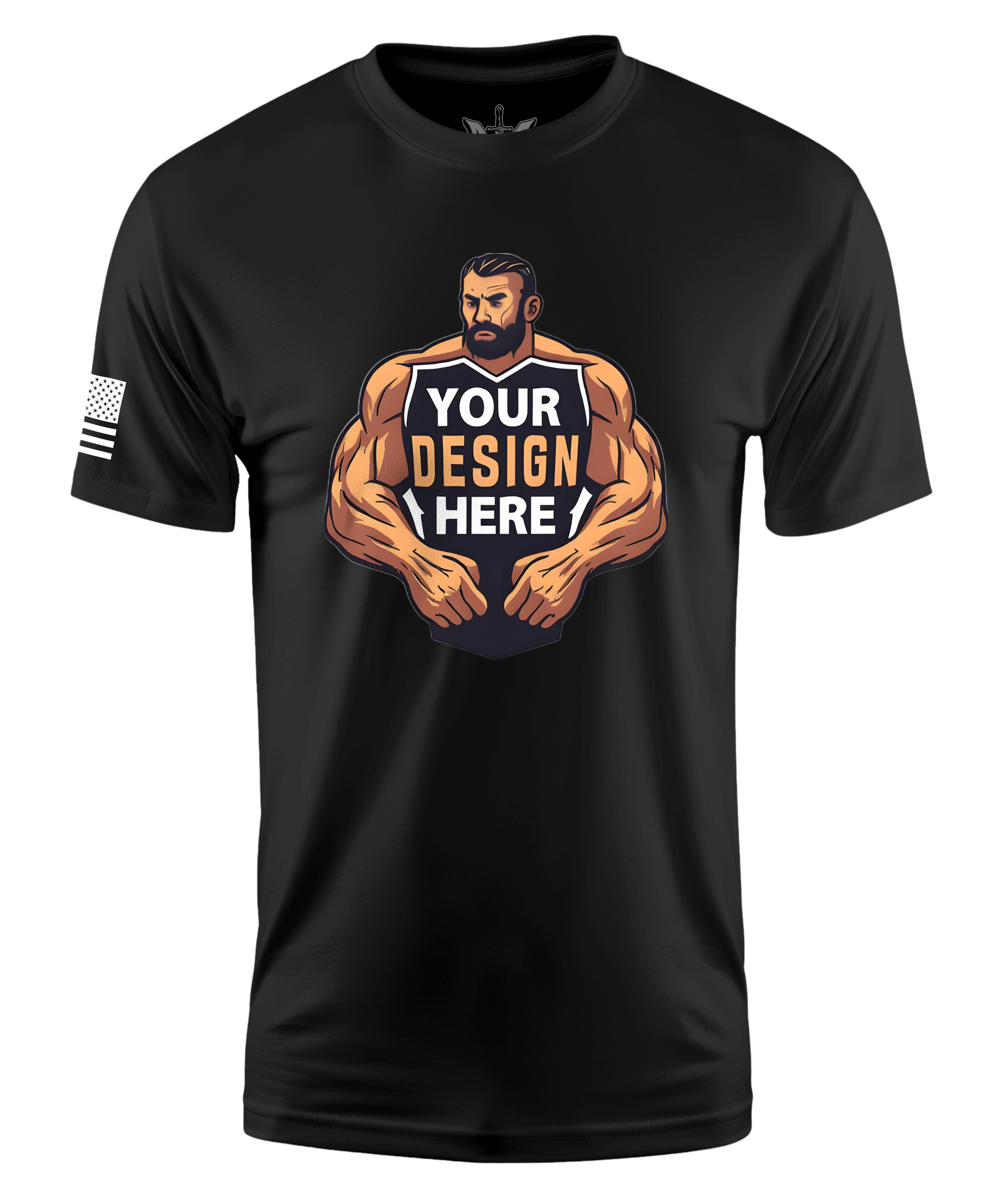 Black t-shirt with a graphic of a muscular man holding a sign saying 'Your Design Here' on a white background.